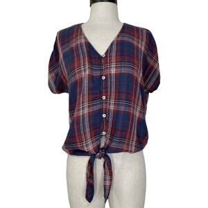 Universal Thread women's plaid top short sleeve V-neck red blue white tie front